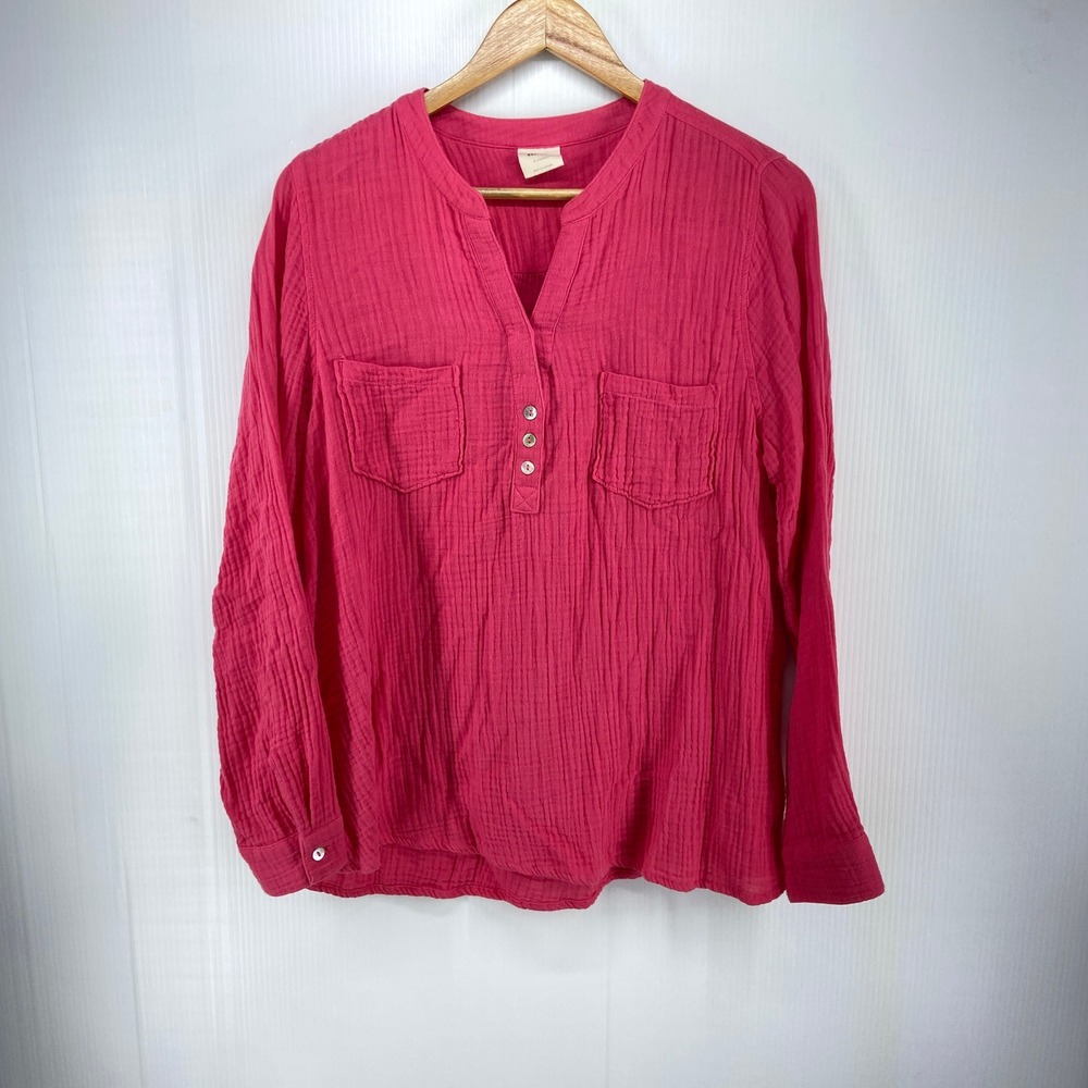 Mote Pink Gauze Cotton Long Sleeve V Neck Popover Blouse Shirt Womens XL